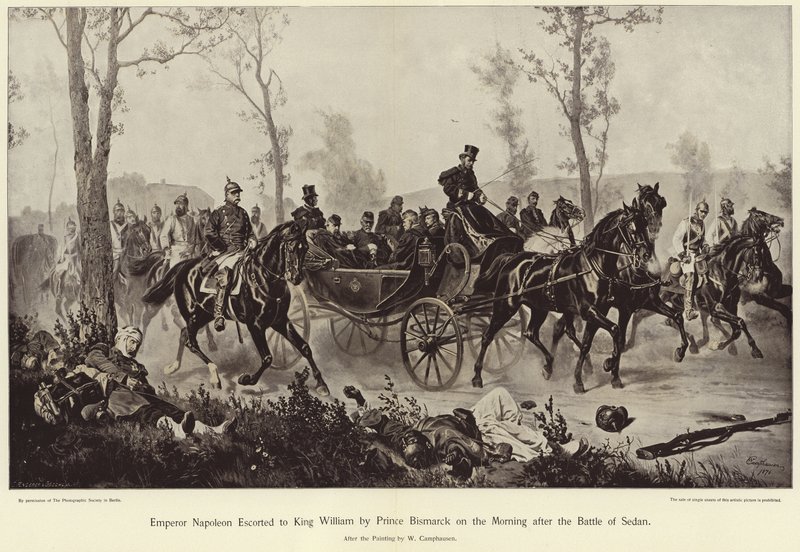 Kejser Napoleon eskorteret til kong William af prins Bismarck om morgenen efter slaget ved Sedan af Wilhelm Camphausen