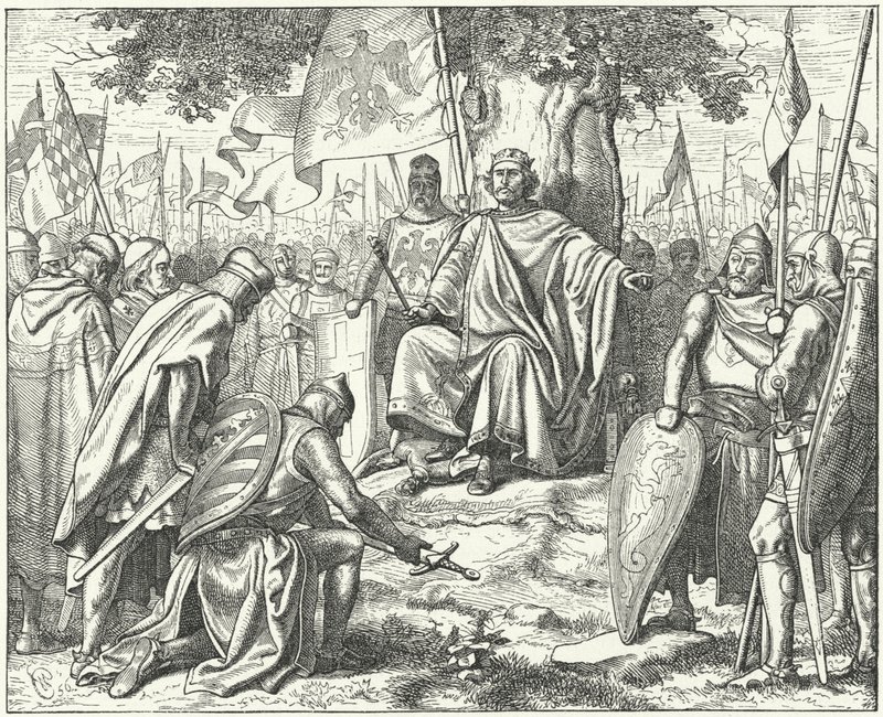 Underkastelse af de saksiske fyrster til den hellige romerske kejser Henrik IV ved Spira efter deres nederlag i slaget ved Langensalza af Wilhelm Camphausen