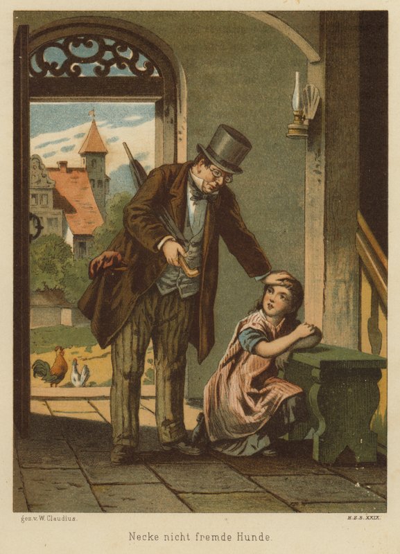 Far trøstede sin datter efter at hun havde lidt konsekvenserne af at drille en hund (farve litho) af Wilhelm Ludwig Heinrich Claudius