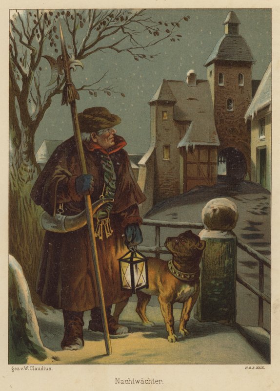 Nattevagt (farve litho) af Wilhelm Ludwig Heinrich Claudius