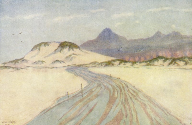 På Fish Hoek-stranden, Nord Hoek-bjergene i det fjerne (farvelitografi) af Wilhelm Westhofen