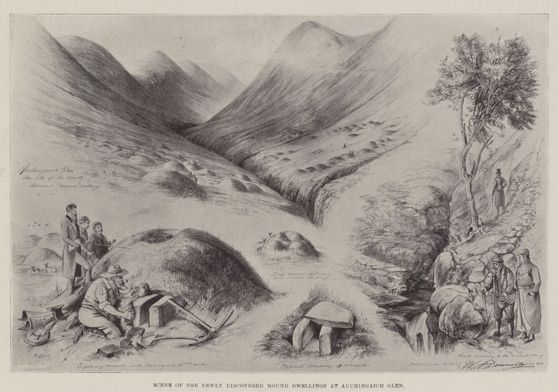 Scene af de nyligt opdagede høje boliger ved Auchingaich Glen af William A. Donnelly