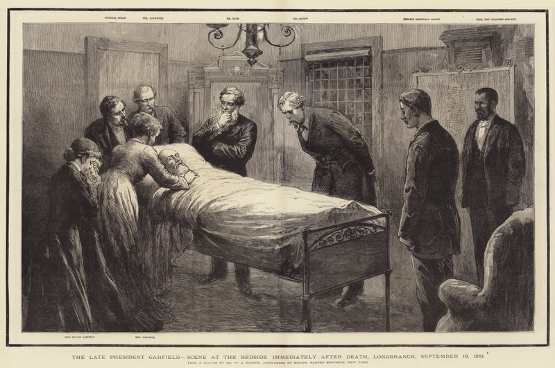 Den afdøde præsident Garfield, Scene at the Beside umiddelbart efter døden, Longbranch, 19. september 1881 af William Allen Rogers