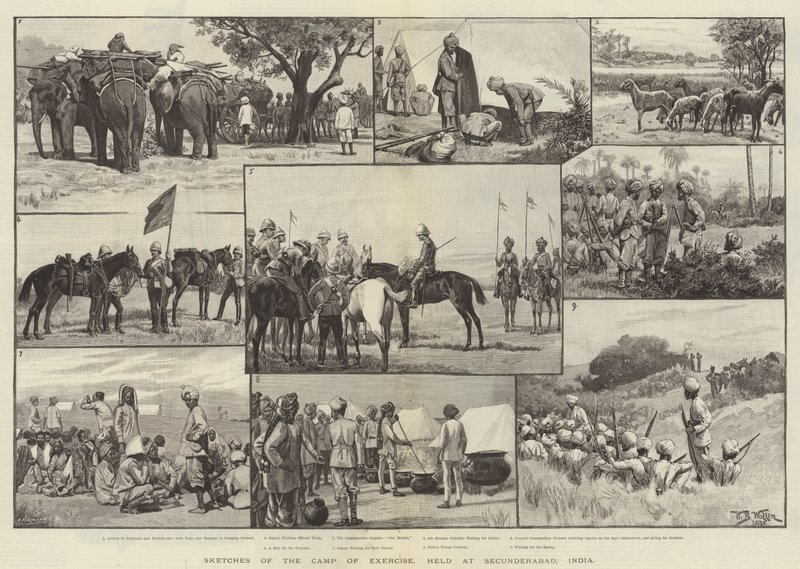 Skitser af træningslejren, afholdt i Secunderabad, Indien af William Barnes Wollen
