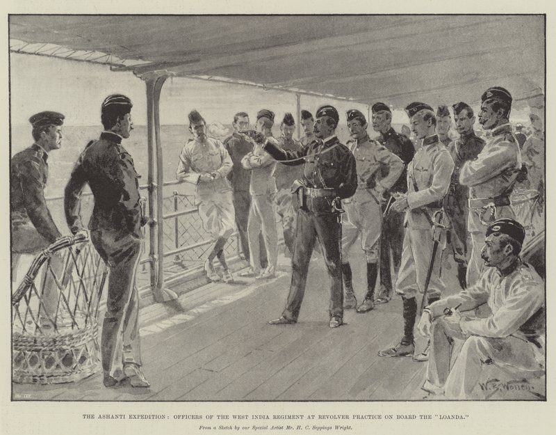 Ashanti-ekspeditionen, Officerer fra det vestindiske regiment ved revolverøvelse om bord på Loanda af William Barnes Wollen