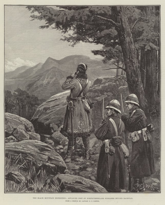 The Black Mountain Expedition, Advanced Post of Northumberland Fusiliers hinsides Bagrwan af William Barnes Wollen
