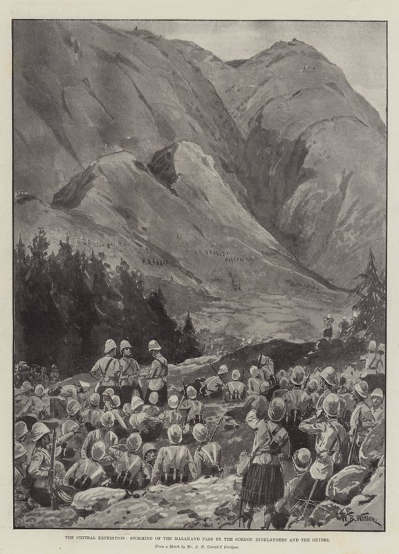 Chitral-ekspeditionen, Gordon Highlanders og guiderne stormede Malakand-passet af William Barnes Wollen