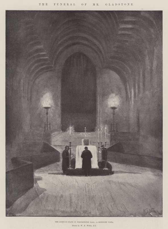 Begravelsen af hr. Gladstone, den liggende i staten i Westminster Hall, en midnatsvagt af William Barnes Wollen