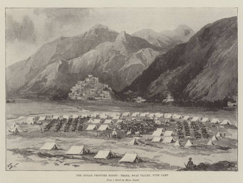 The Indian Frontier Rising, Thana, Swat Valley, med lejr af William Barnes Wollen