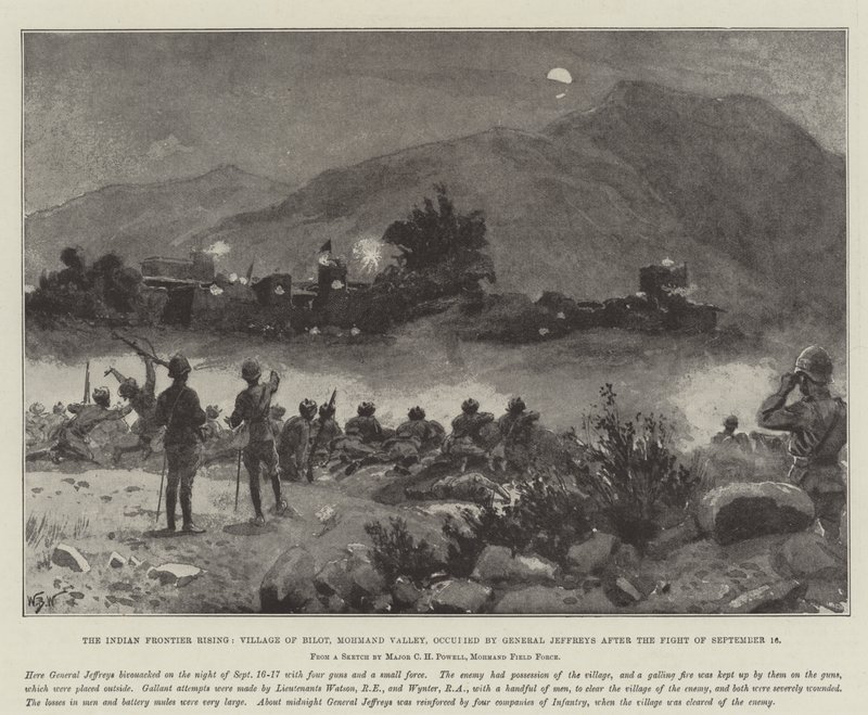 The Indian Frontier Rising, Village of Bilot, Mohmand Valley, besat af general Jeffreys efter kampen den 16. september af William Barnes Wollen