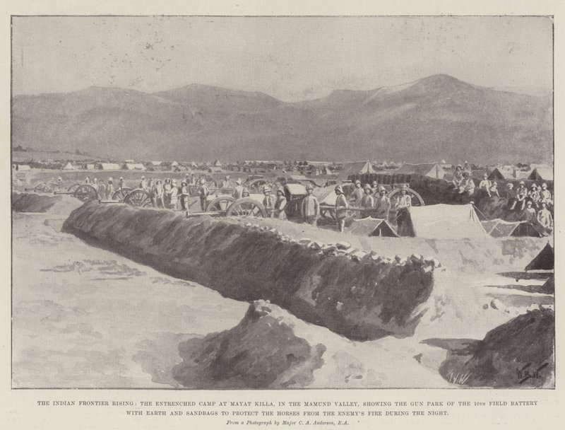 The Indian Frontier Rising, den forankrede lejr ved Mayat Killa i Mamund-dalen, der viser våbenparken på det 10. feltbatteri med jord og sandsække for at beskytte hestene mod fjendens ild af William Barnes Wollen