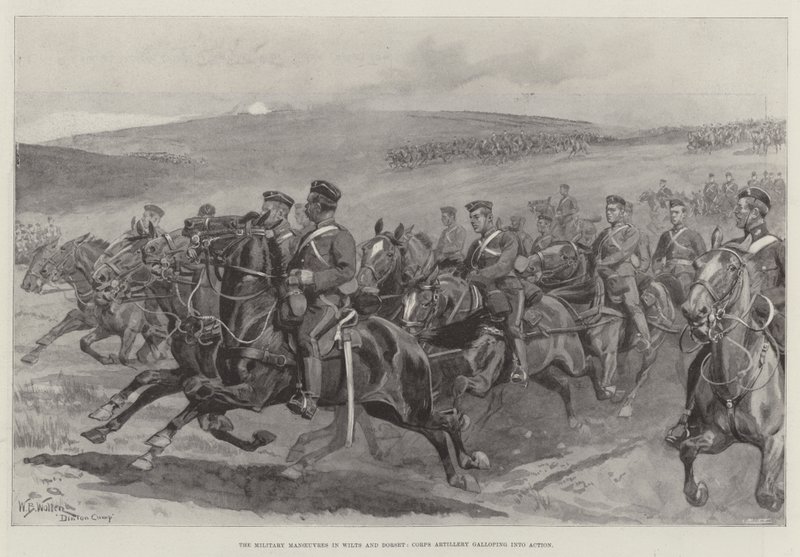 De militære manøvrer i Wilts og Dorset, korpsartilleri galopperer i aktion af William Barnes Wollen