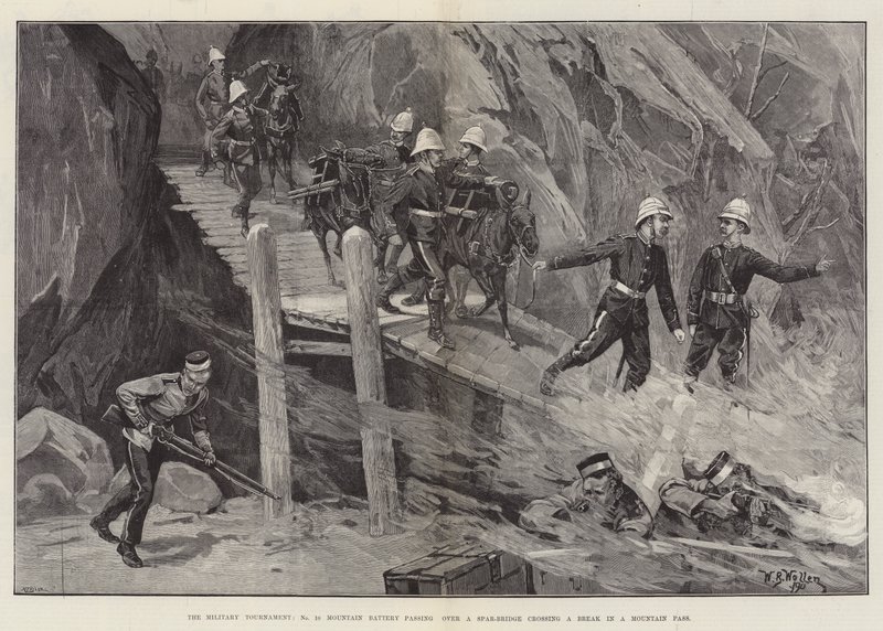 Militærturneringen, nr. 10 bjergbatteri, der passerer over en Spar-bro, der krydser en pause i et bjergpas af William Barnes Wollen