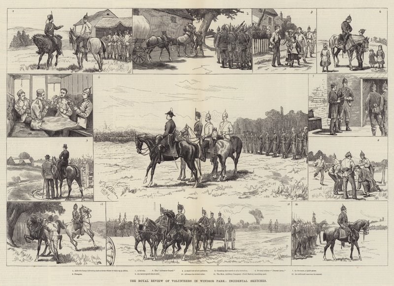 The Royal Review of Volunteers in Windsor Park, Incidentale Sketches af William Barnes Wollen