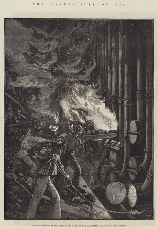 Fremstillingen af gas, opladning af retorter ved Beckton Gas-Works of the Chartered Gaslight and Coke Company af William Bazett Murray