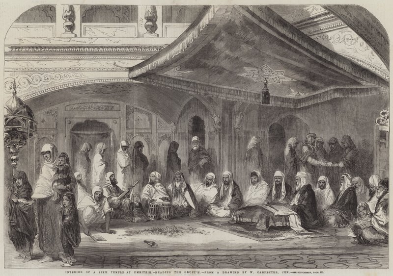 Interiør af et sikh-tempel i Umritzir, læsning af Grunt