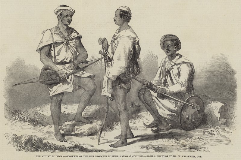 Mytteriet i Indien, goorkaer fra det 66. regiment i deres nationaldragt af William Carpenter