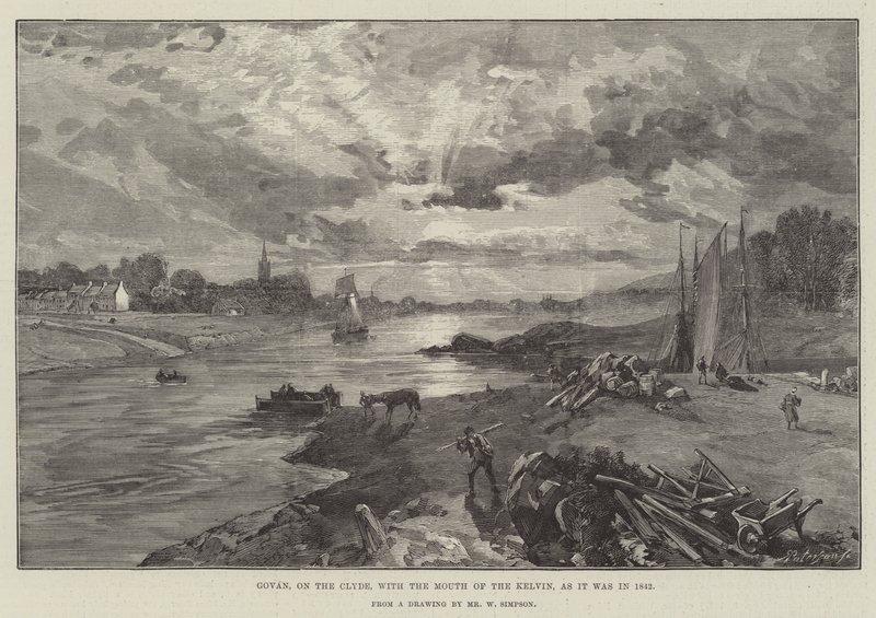 Govan, på Clyde, med Kelvins mund, som det var i 1842 af William Crimea Simpson