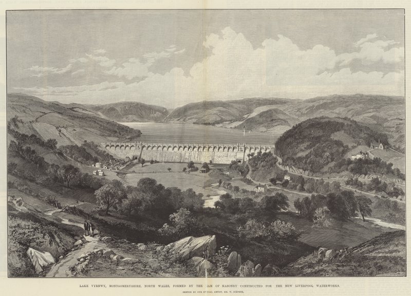 Vyrnwy-søen, Montgomeryshire, Nordwales, dannet af den dæmning af murværk, der blev bygget til New Liverpool Waterworks af William Crimea Simpson