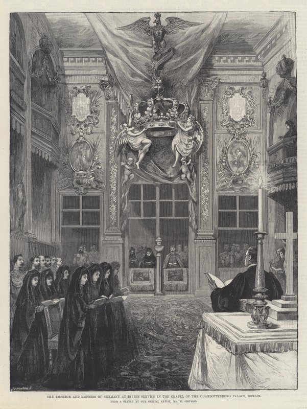 Kejseren og kejserinden af Tyskland ved gudstjeneste i kapellet i Charlottenburg Palace, Berlin af William Crimea Simpson