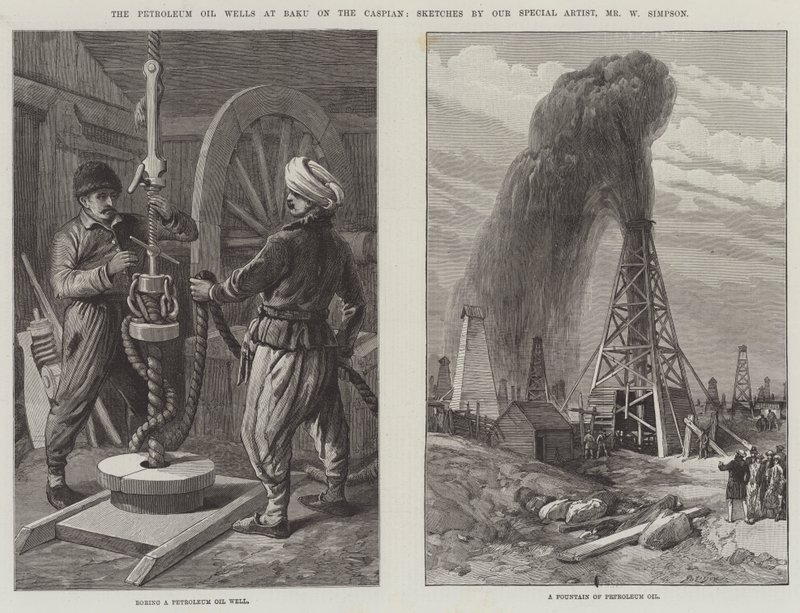 Petroleumsoliebrøndene ved Baku ved Det Kaspiske Hav af William Crimea Simpson