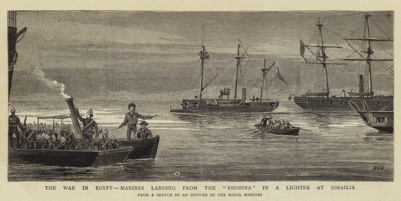 Krigen i Egypten, marinesoldater lander fra Rhosina i en lighter ved Ismailia af William Edward Atkins