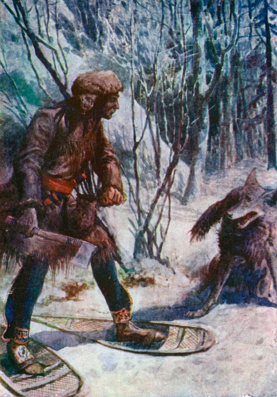 En stor ulv går mod ham og lander næsten ved hans fødder af William Henry Charles Groome