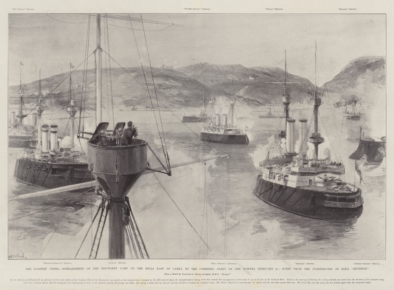 Østkrisen, bombardement af oprørernes lejr i bjergene øst for Canea af magternes kombinerede flåde den 21. februar, scene fra HMS Revenge