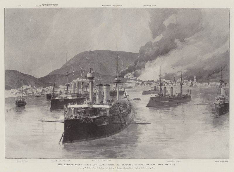 The Eastern Crisis, scene ud for Canea, Kreta, den 5. februar, en del af byen i brand af William Heysham Overend