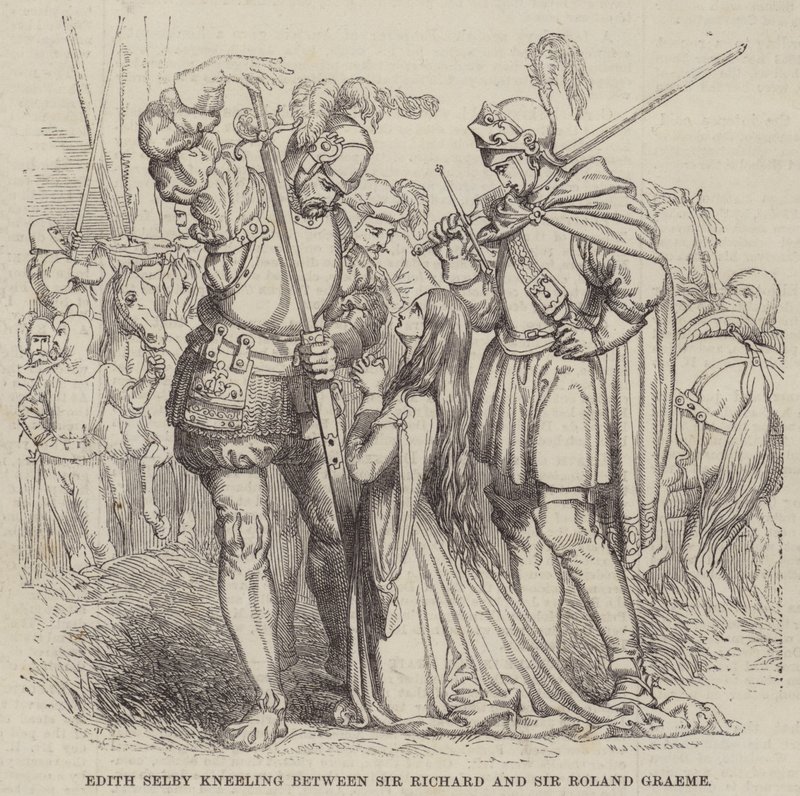 Edith Selby knæler mellem Sir Richard og Sir Roland Graeme af William James Linton