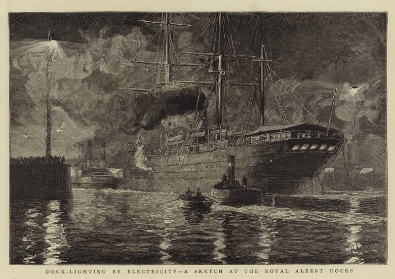 Dock-Lighting by Electricity, en skitse ved Royal Albert Docks af William Lionel Wyllie