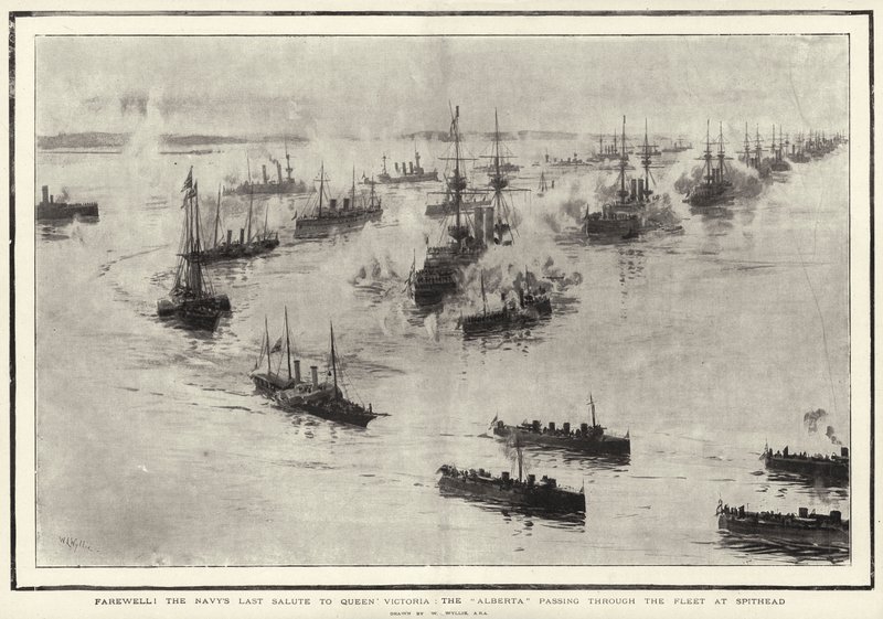 Farvel! Søværnets sidste hilsen til dronning Victoria, Alberta, der passerer gennem flåden ved Spithead af William Lionel Wyllie