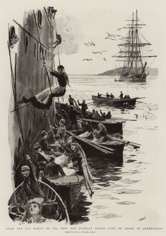 Fra den gamle verden til den nye kommer Bumboat-kvinderne om bord i Queenstown af William Lionel Wyllie