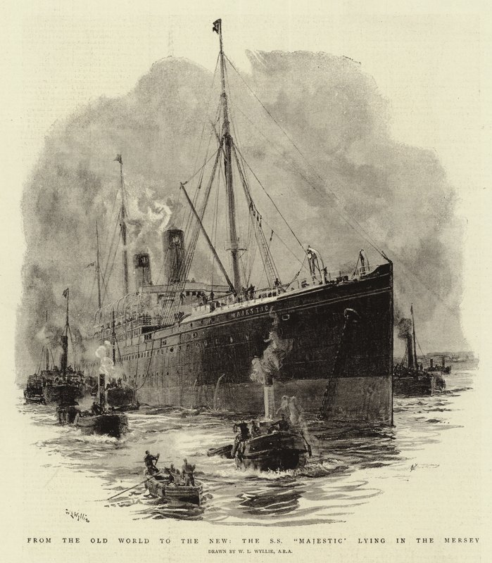 Fra den gamle verden til den nye, S S Majestic, der ligger i Mersey af William Lionel Wyllie