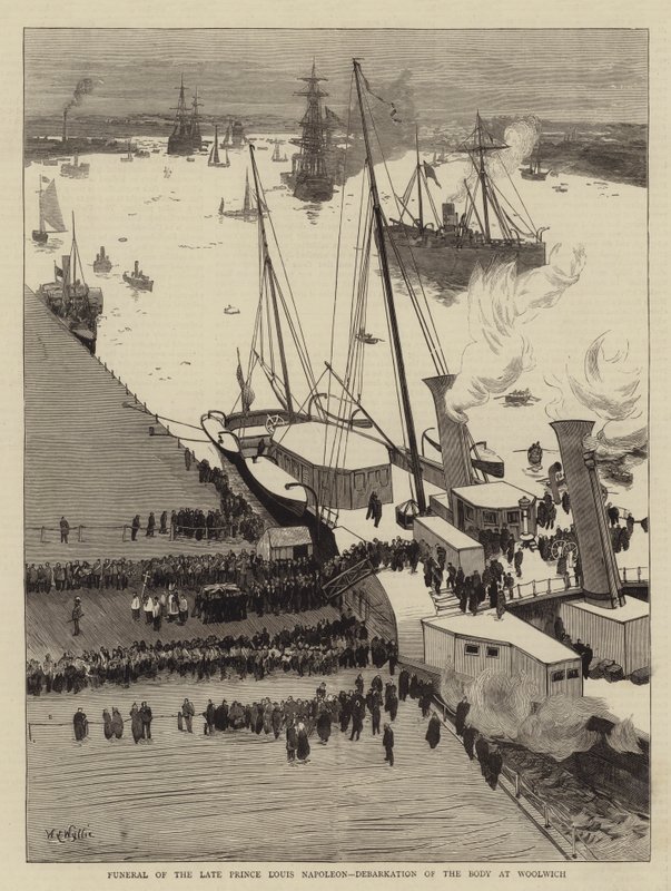 Begravelse af den afdøde prins Louis Napoleon, Barkation af liget i Woolwich af William Lionel Wyllie