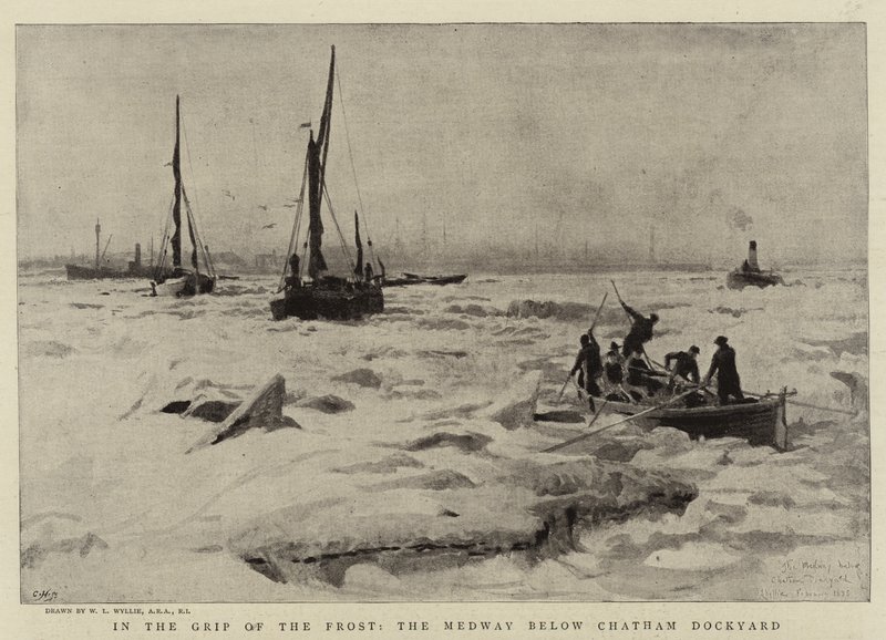 I Grip of the Frost, Medway under Chatham Dockyard af William Lionel Wyllie