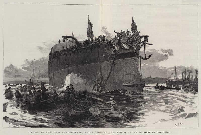 Lancering af det nye panserbelagte skib Rodney ved Chatham af hertuginden af Edinburgh af William Lionel Wyllie