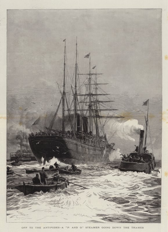 Afsted til Antipoderne, en P og O Steamer sejler ned ad Themsen af William Lionel Wyllie