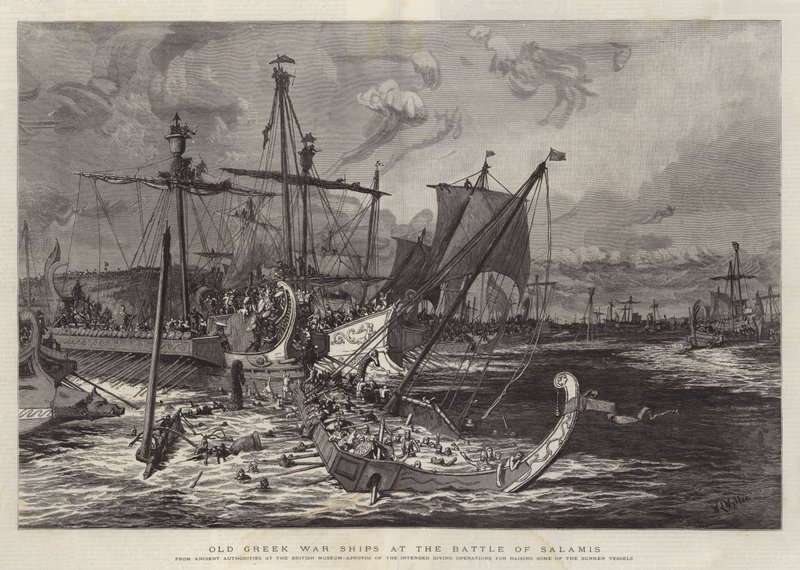 Gamle græske krigsskibe i slaget ved Salamis af William Lionel Wyllie