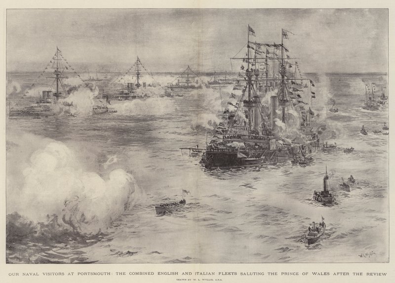 Vores flådebesøgende i Portsmouth, de kombinerede engelske og italienske flåder hilser Prinsen af Wales efter gennemgangen af William Lionel Wyllie