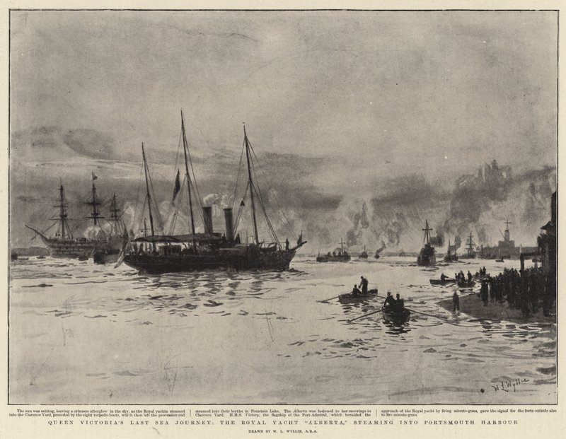 Dronning Victorias sidste sørejse, Royal Yacht Alberta, damper ind i Portsmouth Harbour af William Lionel Wyllie