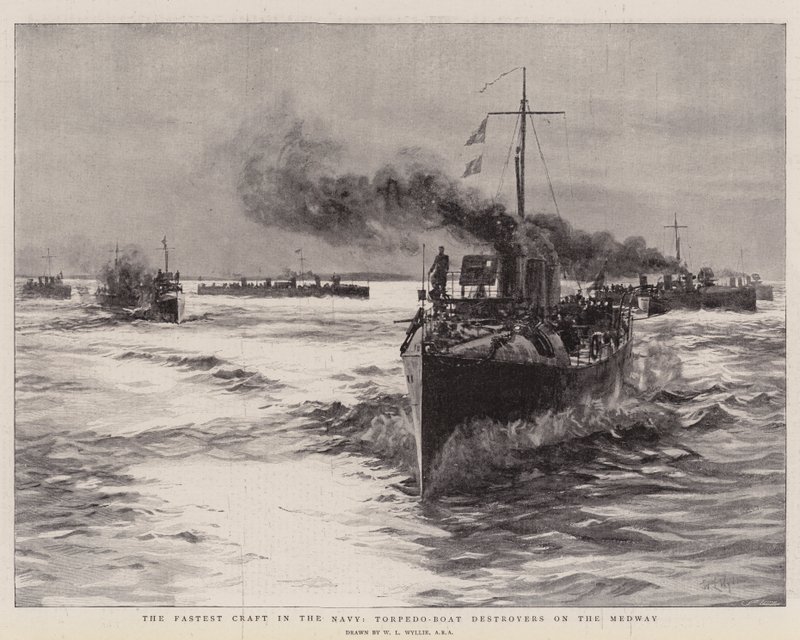 Det hurtigste fartøj i flåden, Torpedo-båddestroyere på Medway af William Lionel Wyllie