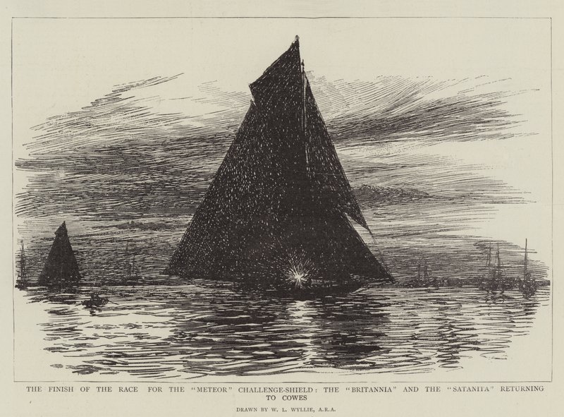 Slutningen af kapløbet om Meteor Challenge-Shield, Britannia og Satanita vender tilbage til Cowes af William Lionel Wyllie
