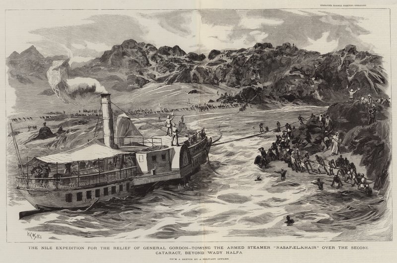 Nilekspeditionen til nødhjælp for general Gordon, slæbende den væbnede damper Nasaf el Khair over den anden grå stær, ud over Wady Halfa af William Lionel Wyllie