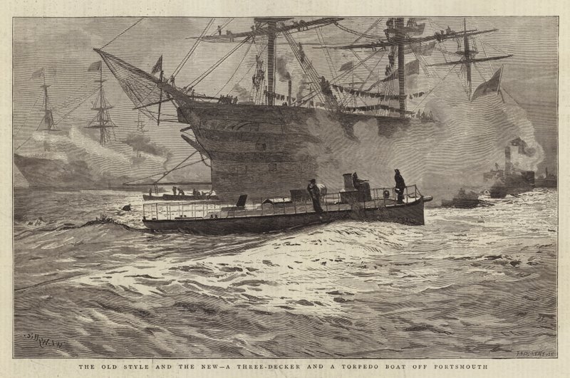 Den gamle stil og den nye, en tredækker og en torpedobåd ud for Portsmouth af William Lionel Wyllie