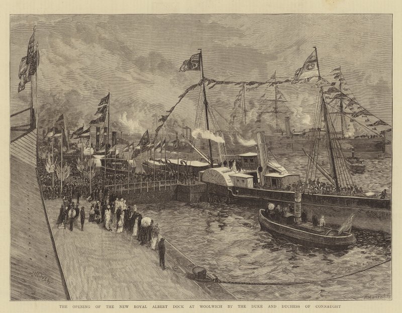Åbningen af den nye Royal Albert Dock i Woolwich af hertugen og hertuginden af Connaught af William Lionel Wyllie