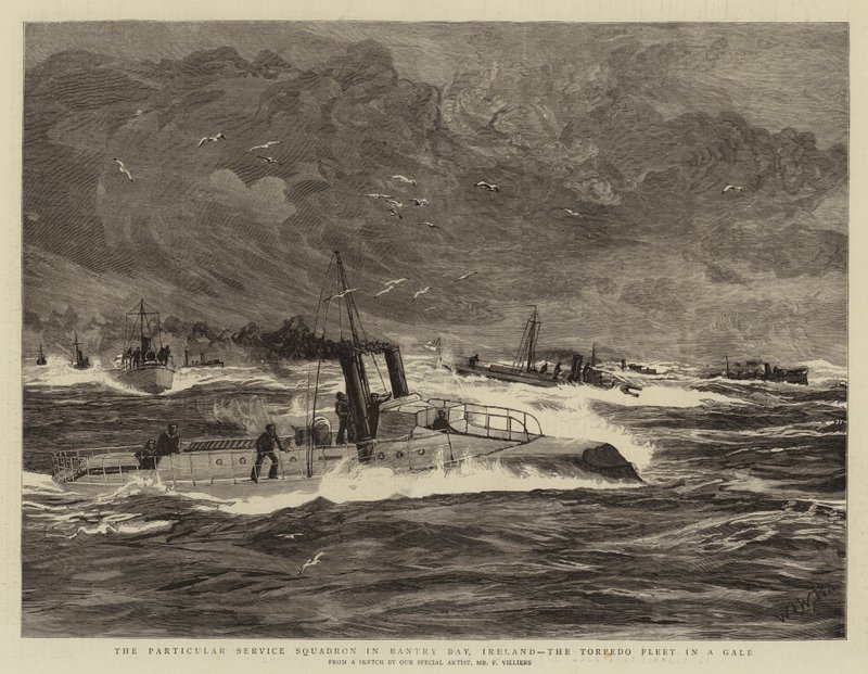 Special Service Squadron i Bantry Bay, Irland, Torpedo Fleet in a Gale af William Lionel Wyllie