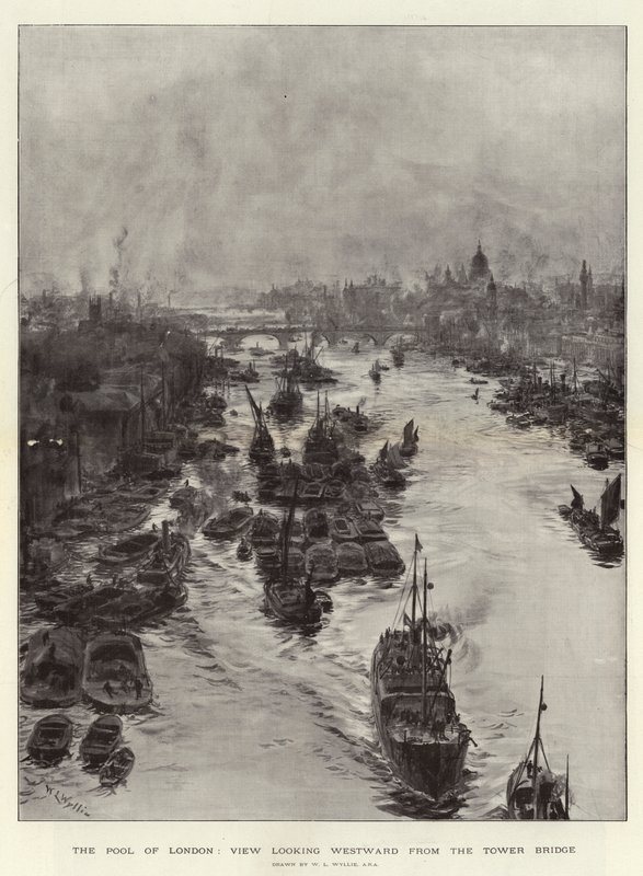 The Pool of London, udsigt mod vest fra Tower Bridge af William Lionel Wyllie