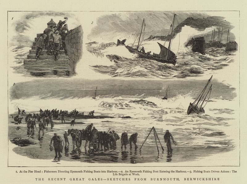 De seneste store vindstød, skitser fra Burnmouth, Berwickshire af William Lionel Wyllie