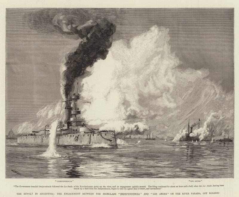 Oprøret i Argentina, forlovelsen mellem Ironclads Independencia og Los Andes ved floden Parana ud for Rosario af William Lionel Wyllie